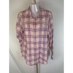 Rock 47 By Wrangler Pink & Purple Plaid Long Sleeve Western Shirt L